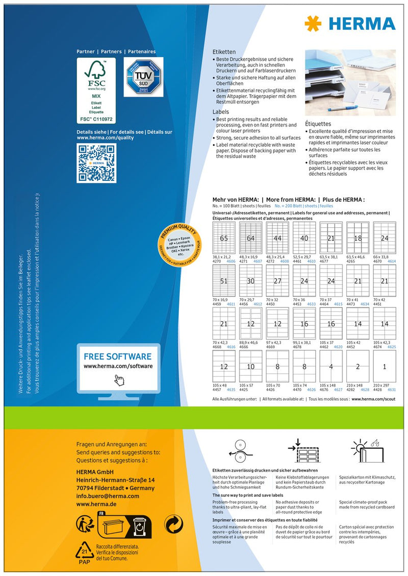 PREMIUM labels, 70 x 36 mm, PREMIUM, Paper, Permanent adhesive, A4 [2400 labels]