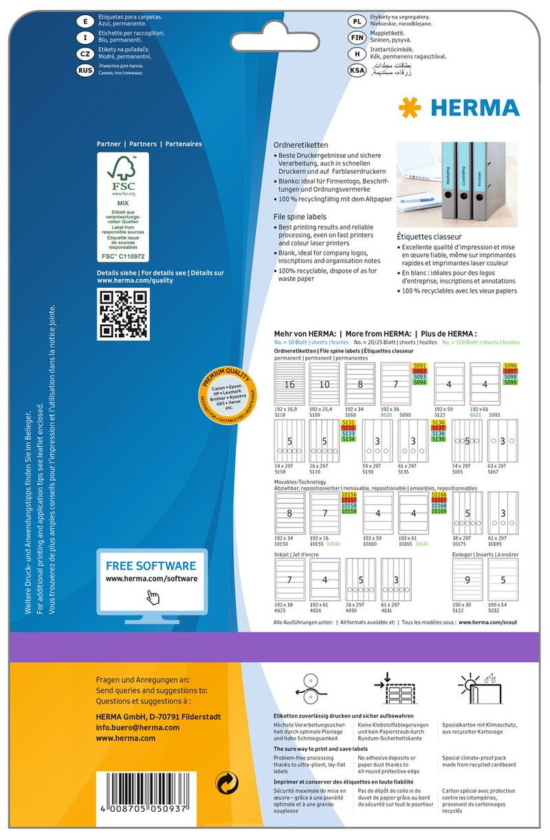 File labels, Blue, 192 x 38mm, for narrow files (short), A4 [140 labels]