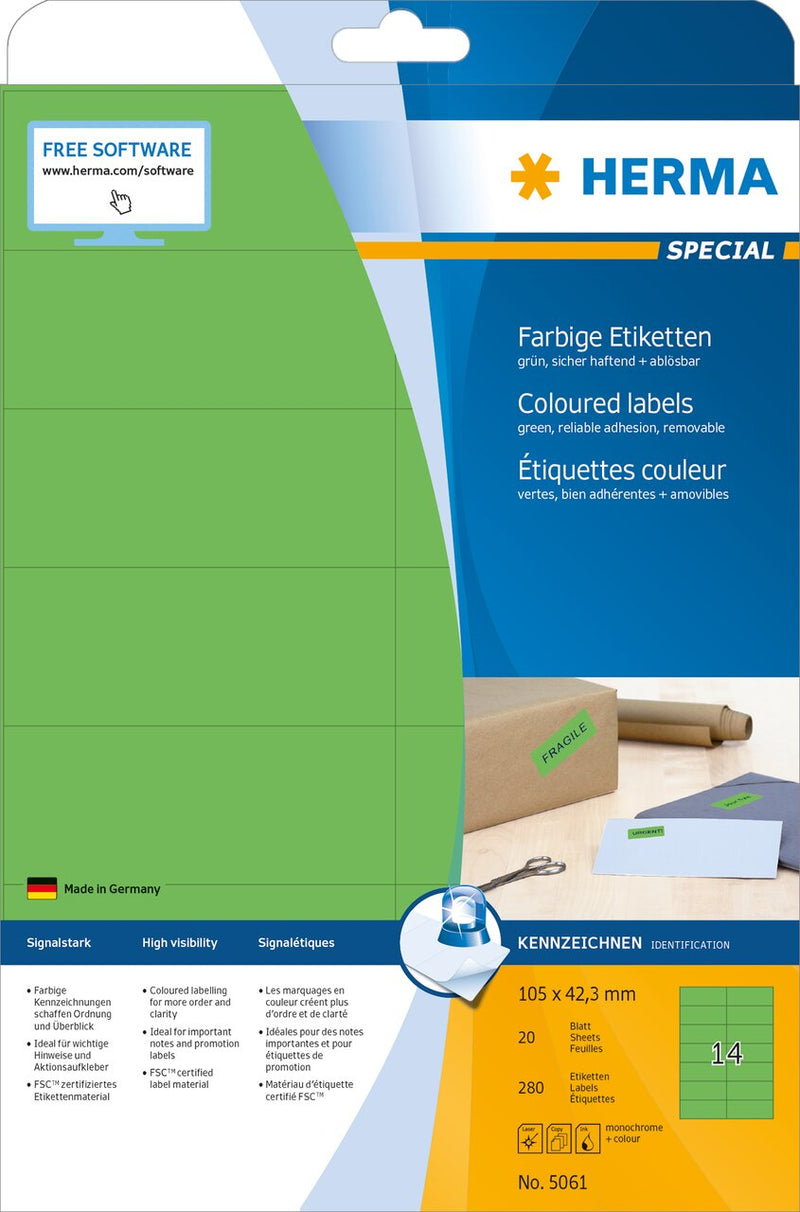 Green labels, 105 x 42mm, Paper, Removable adhesive, A4 [280 labels]