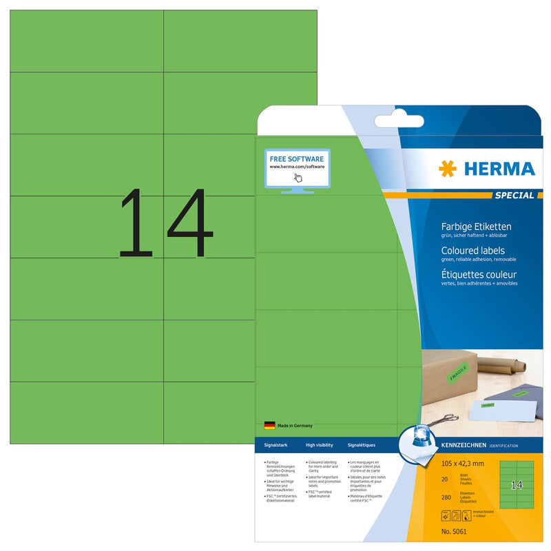 Green labels, 105 x 42mm, Paper, Removable adhesive, A4 [280 labels]