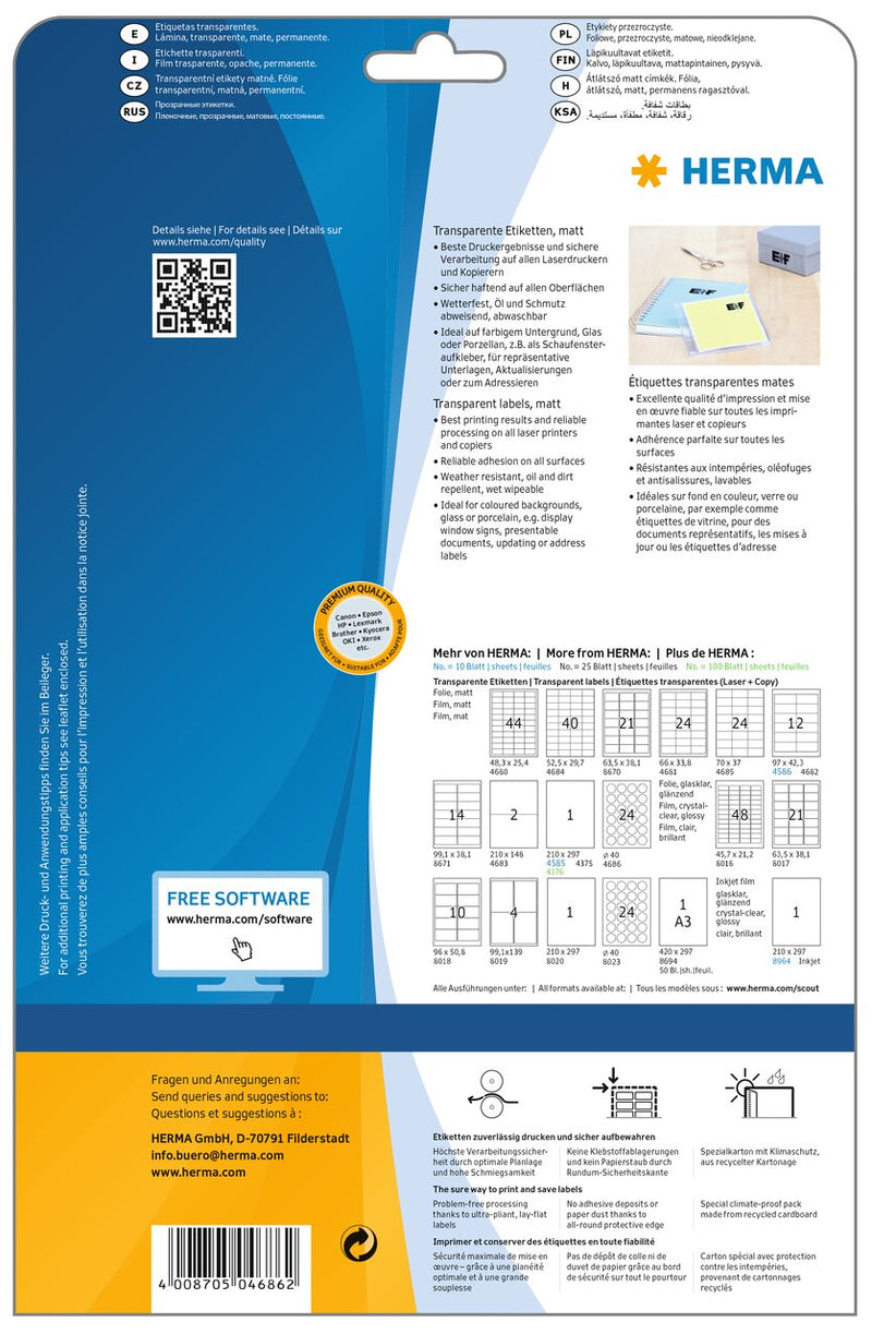 Clear labels, 40mm diameter, Matt polyester, Permanent adhesive, A4 [600 labels]