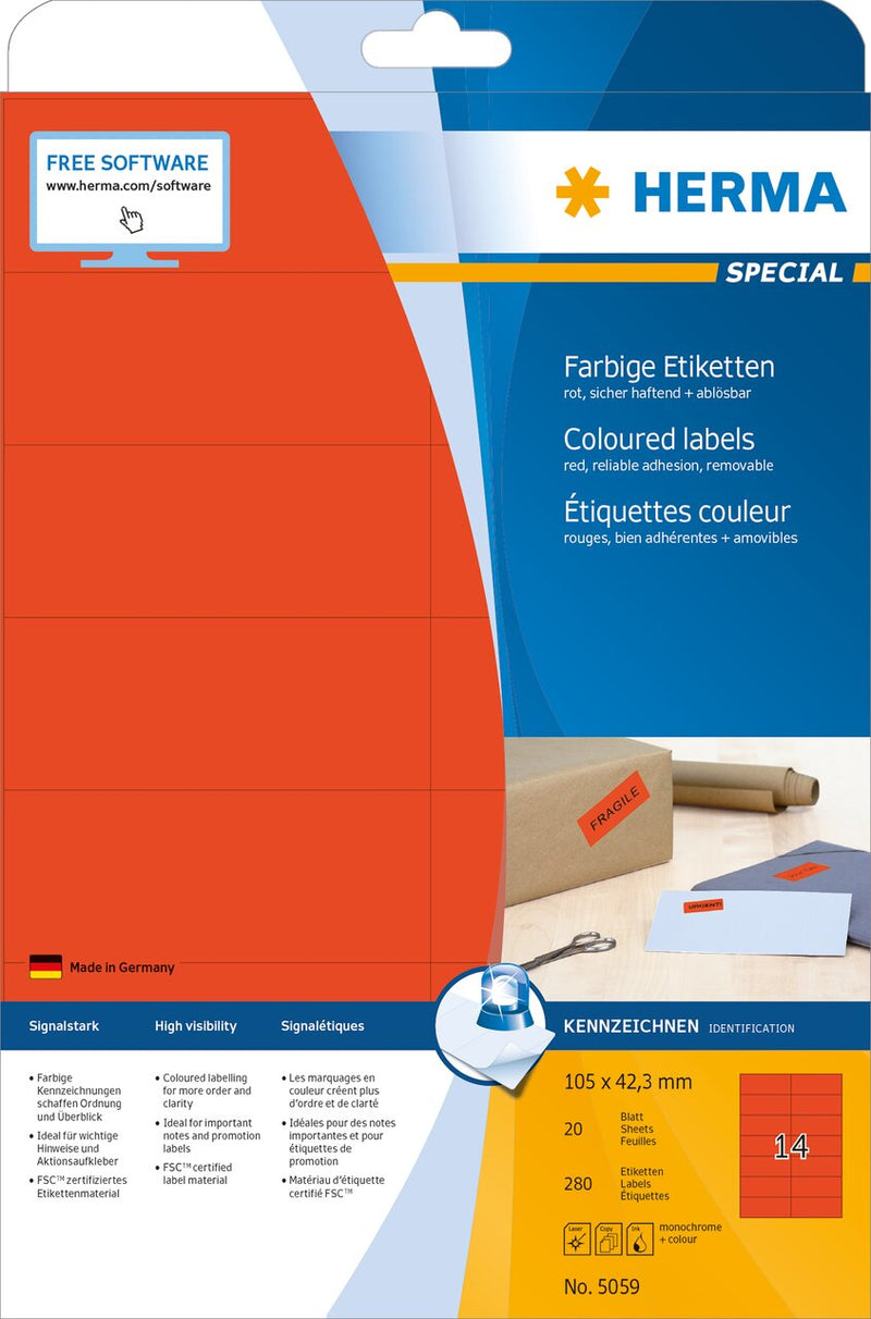 Red labels, 105 x 42mm, Paper, Removable adhesive, A4 [280 labels] HERMASKU: 5059