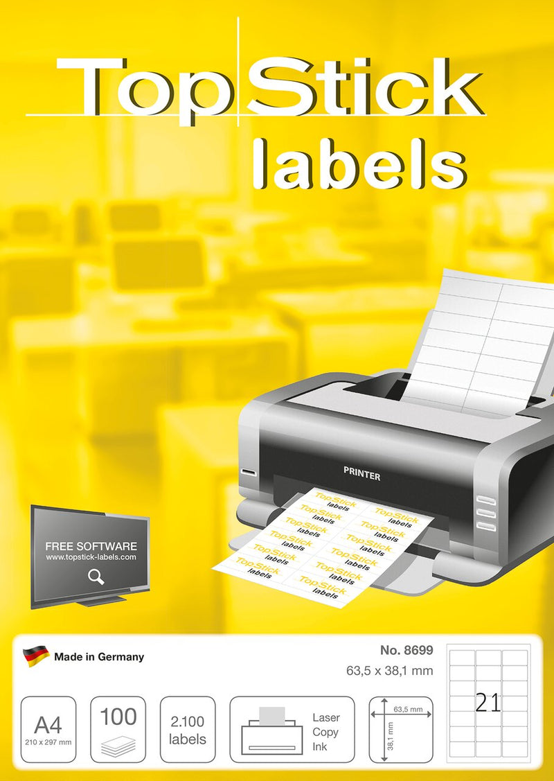 Labels, Copier/Laser/Inkjet, 64 x 38mm, White, Paper, Permanent adhesive, A4 [2100 labels]